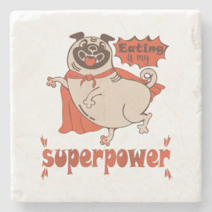 Eating is my superpower red cloak pug comic style stenen onderzetter