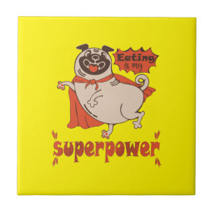 Eating is my superpower red cloak pug comic style tegeltje