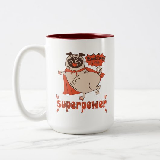 Eating is my superpower red cloak pug comic style tweekleurige koffiemok (Links)