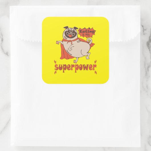 Eating is my superpower red cloak pug comic style vierkante sticker (Tas)