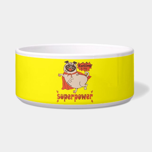 Eating is my superpower red cloak pug comic style voerbakje (Voorkant)