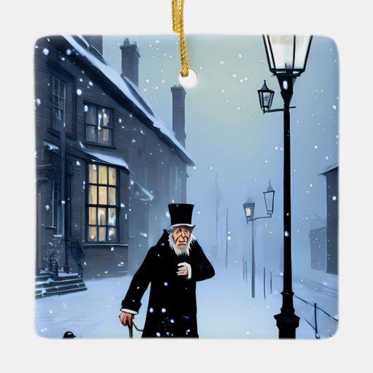 Ebenezer Scrooge Snowy Victoriaans Street Keramisch Ornament (Voorkant)