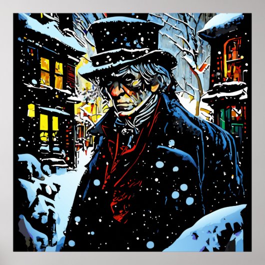 Ebenezer Scrooge Victoriaans Kerstwinter Scène Poster (Voorkant)