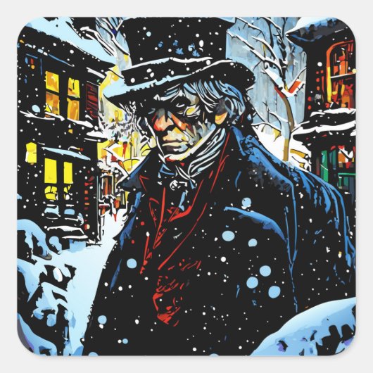 Ebenezer Scrooge Victoriaans Kerstwinter Scène Vierkante Sticker (Voorkant)