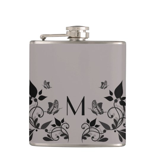 Ebony Butterfly Floral Monogram Flask Heupfles (Voorkant)