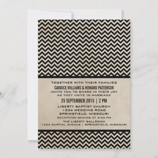 Ebony Chic Chevron Wedding Invite Kaart (Voorkant)