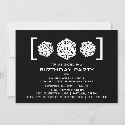 Ebony D20 Dice Gamer Birthday Party Invite Kaart (Voorkant)