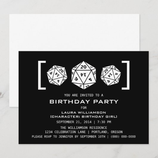 Ebony D20 Dice Gamer Birthday Party Invite Kaart (Voorkant / Achterkant)