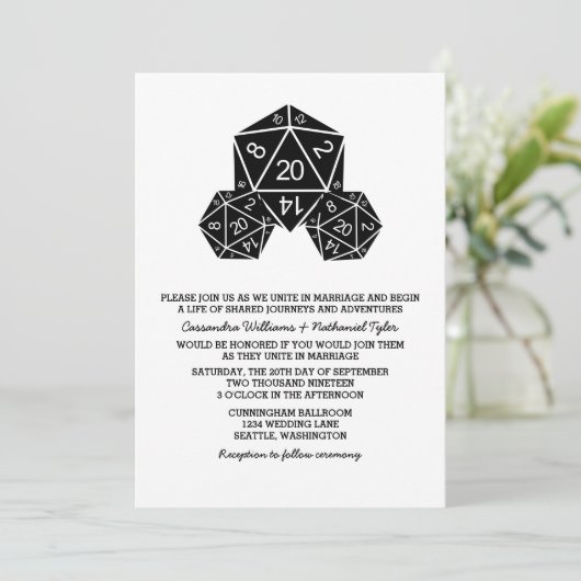 Ebony D20 Dice Wedding Invite Kaart (Staand voorkant)