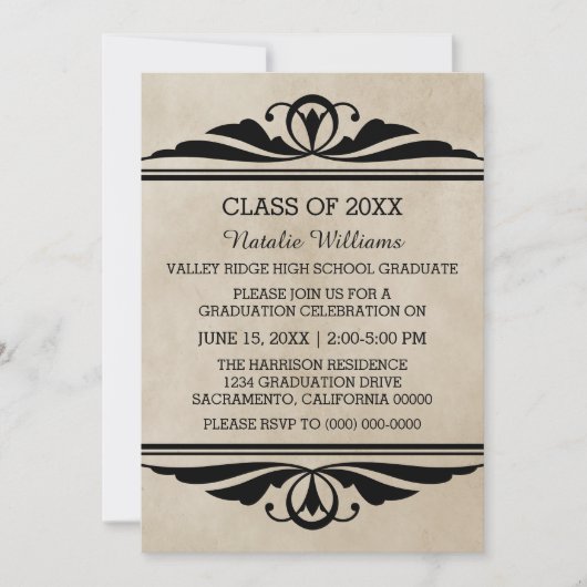 Ebony Elegant Deco Afstuderen Invite Kaart (Voorkant)