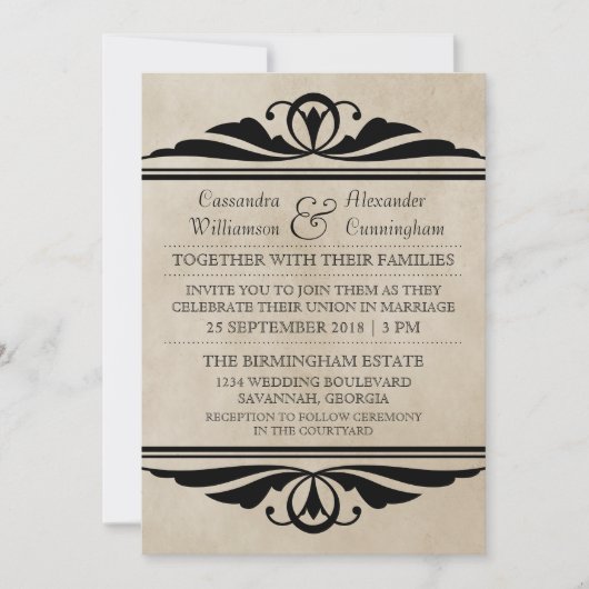 Ebony Elegant Deco Wedding Invite Kaart (Voorkant)