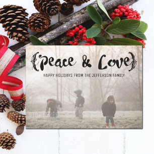 Ebony Elegant Sketted Peace & Love Holiday Foto Feestdagenkaart