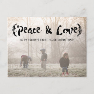 Ebony Elegant Sketted Peace & Love Holiday Foto Feestdagenkaart