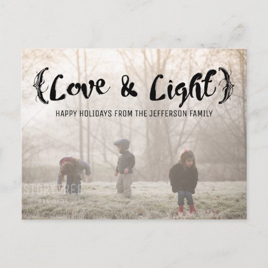 Ebony Elegant Sketting Love & Light Holiday Foto Feestdagenkaart (Voorkant)