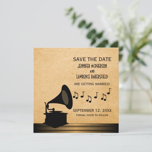 Ebony Gramophone Save the Date Invite (Staand voorkant)