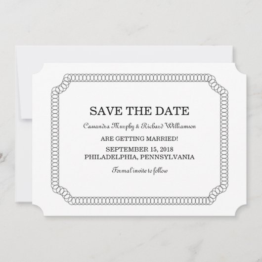 Ebony Omcirkelde Ticket Save the Date Uitnodiging (Voorkant)
