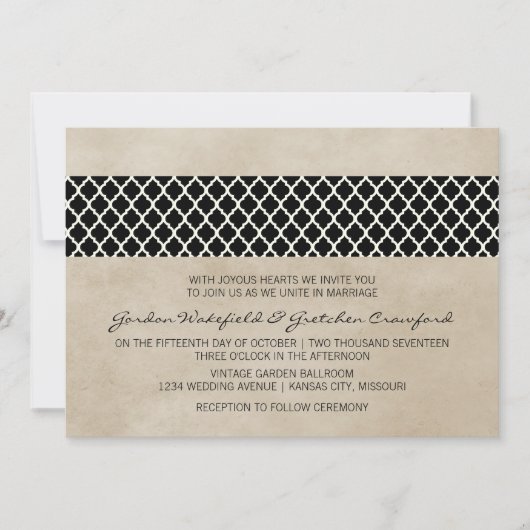 Ebony Rustic Quatrefoil Wedding Invite Kaart (Voorkant)
