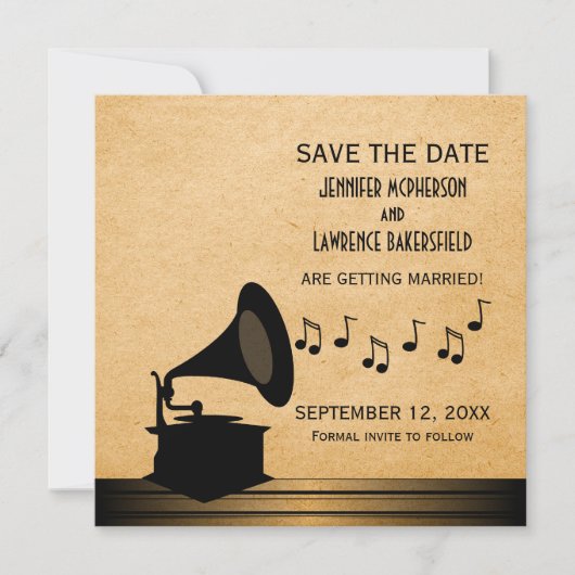 Ebony Vintage Gramophone Save the Date Uitnodiging (Voorkant)