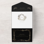 Ebony zwart goud botanische krans klassieke bruilo all in one uitnodiging (Buitenkant)