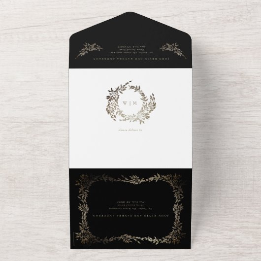 Ebony zwart goud botanische krans klassieke bruilo all in one uitnodiging (Buitenkant)
