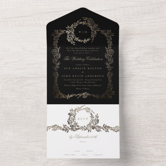 Ebony zwart goud botanische krans klassieke bruilo all in one uitnodiging (Binnen)