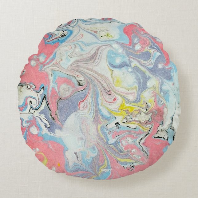 Ebru Kunst Pastel Abstract Marmerpapier Rond Kussen (Voorkant)