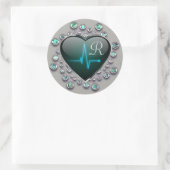 ECG hart juweel look grijs zwart blauw medisch Ronde Sticker (Tas)