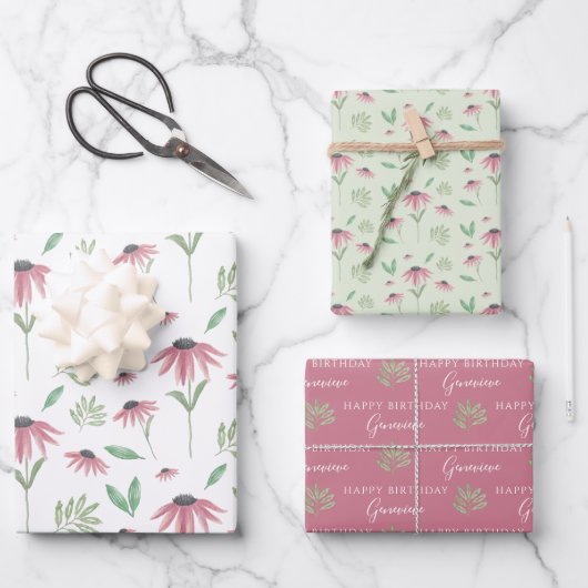 Echinacea-cadeaupapier plat vel set van 3 (Voorkant)