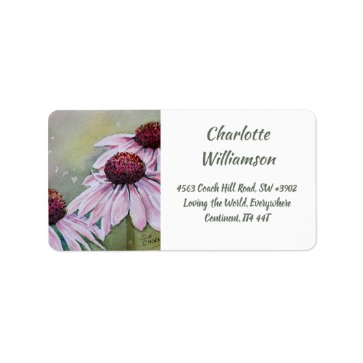 Echinacea Daisy Flowers in Waterverf Adres Etiket (Voorkant)