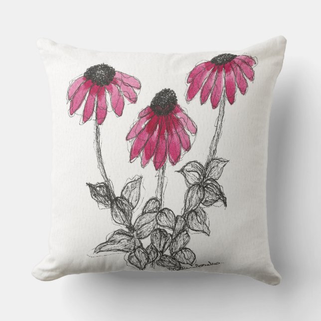 Echinacea in waterverf en inkt kussen (Voorkant)