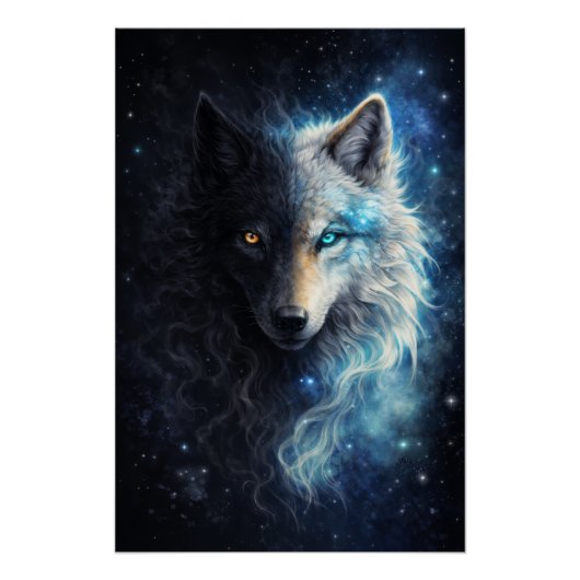 Echo of Duality – Cosmic Twin Wolf | Dark & Light Perfect Poster (Voorkant)
