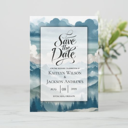 Echoes door de Misty Pines bruiloft Save The Date (Staand voorkant)