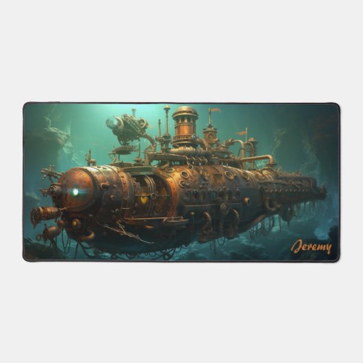 Echoes of the Deep: Steampunk Onderzeebootfantasie Bureaumat (Voorkant)