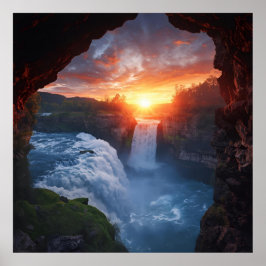 Echoes van de Herfsten - Sunset Waterfall Framed d Poster
