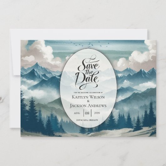 Echos door de nevelige dennen Huwelijk Save The Date (Voorkant)