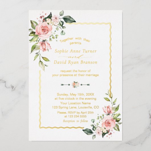 ECHT FOIL Waterverf Roze Bloemige Trouw  Folie Uitnodiging (Voorkant)