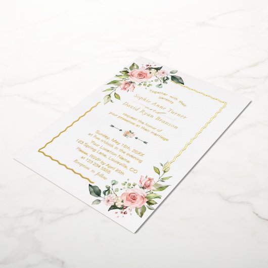 ECHT FOIL Waterverf Roze Bloemige Trouw  Folie Uitnodiging (Gedraaid)