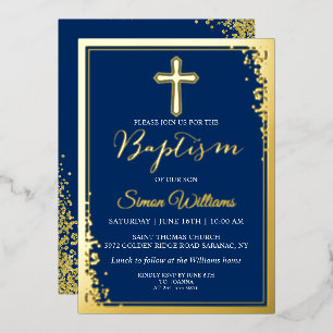 Echt Folie Goud Glitters Navy Blauwe Jongens Doop Uitnodiging