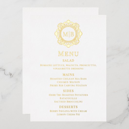 Echt Folie Gouden Bloemige Monogram Trouwmenu Uitnodiging (Voorkant / Achterkant)