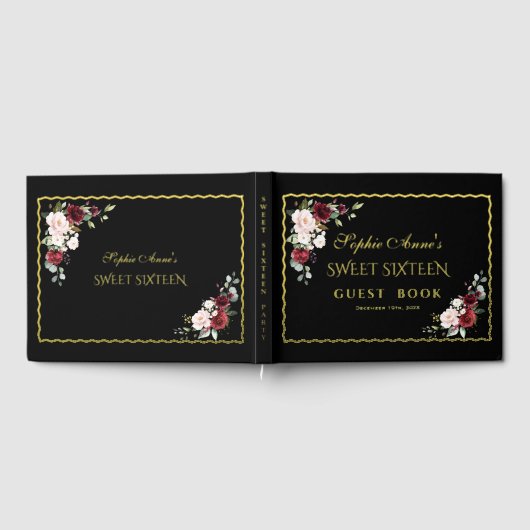 Echt Folie Gouden Frame Zwarte Sweet Sixteen Feest Gastenboek (Volledig)