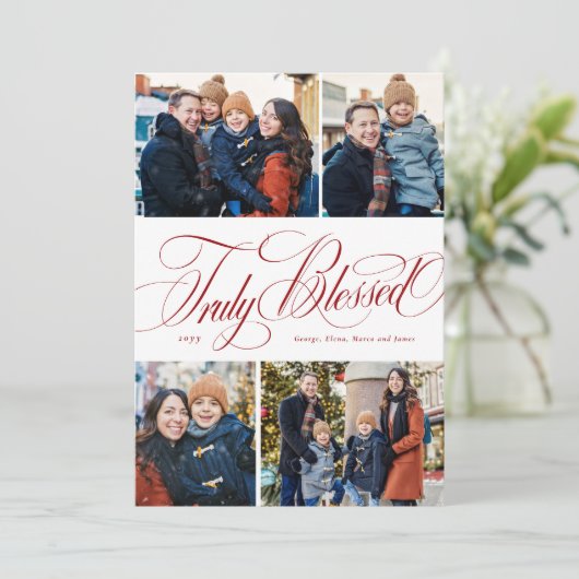 Echt gezegend 4 foto elegante religieuze Kerstmis Feestdagenkaart (Staand voorkant)