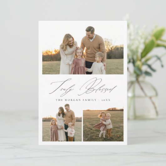 Echt Gezegende Christelijke Familie Foto Vakantiek Feestdagenkaart (Staand voorkant)