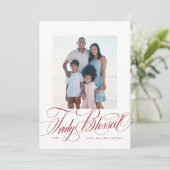 Echt gezegende rode religieuze kerstfoto feestdagenkaart (Staand voorkant)