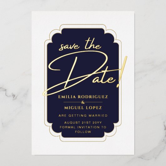 Echt GOLD Foil Blue Save the Date Wedding Folie Uitnodiging (Voorkant)