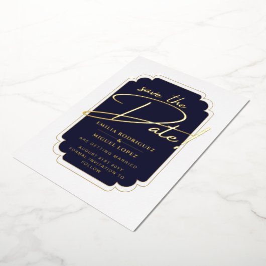 Echt GOLD Foil Blue Save the Date Wedding Folie Uitnodiging (Gedraaid)