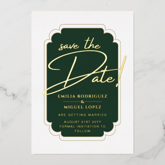 Echt GOLD Foil Green Save the Date Wedding Folie Uitnodiging (Voorkant)