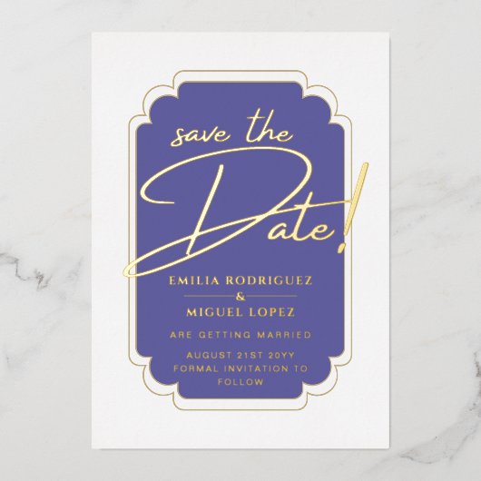 Echt GOLD Foil Paars Save the Date Wedding Folie Uitnodiging (Voorkant)