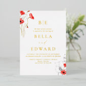 Echt Goud Chique Poppy Rode Wildbloemen Bruiloft Folie Uitnodiging (Staand Voorkant)