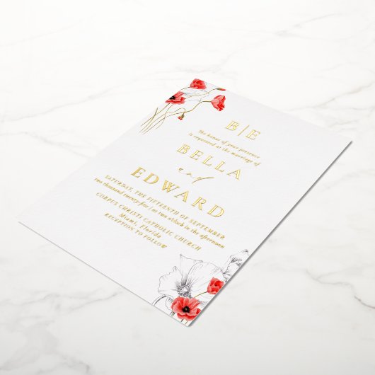 Echt Goud Chique Poppy Rode Wildbloemen Bruiloft Folie Uitnodiging (Gedraaid)