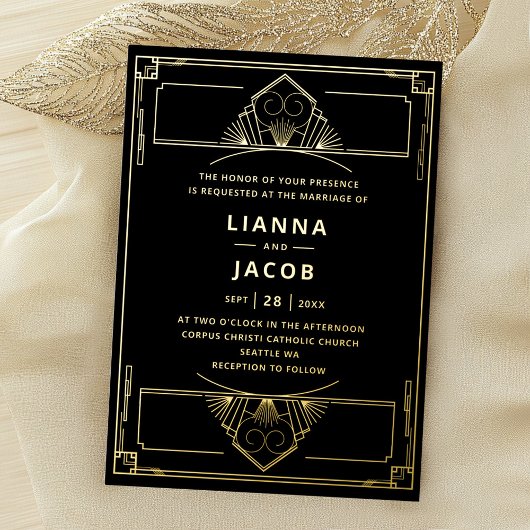 Echt Goud en Zwart  Art Deco 20s Huwelijk Folie Uitnodiging